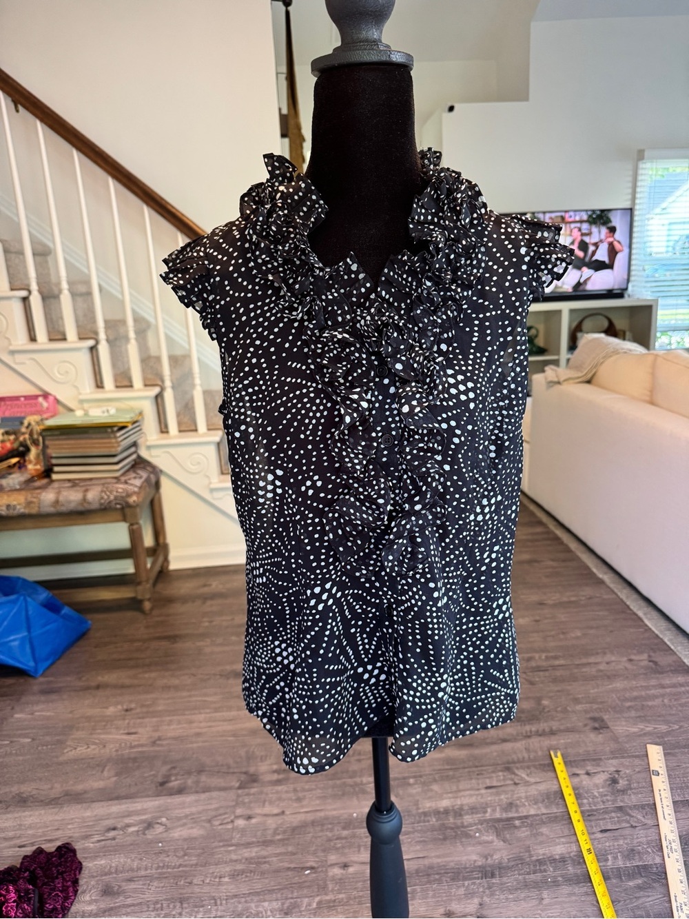 Black Ruffled Dot Cap-Sleeve Blouse - Women Tops